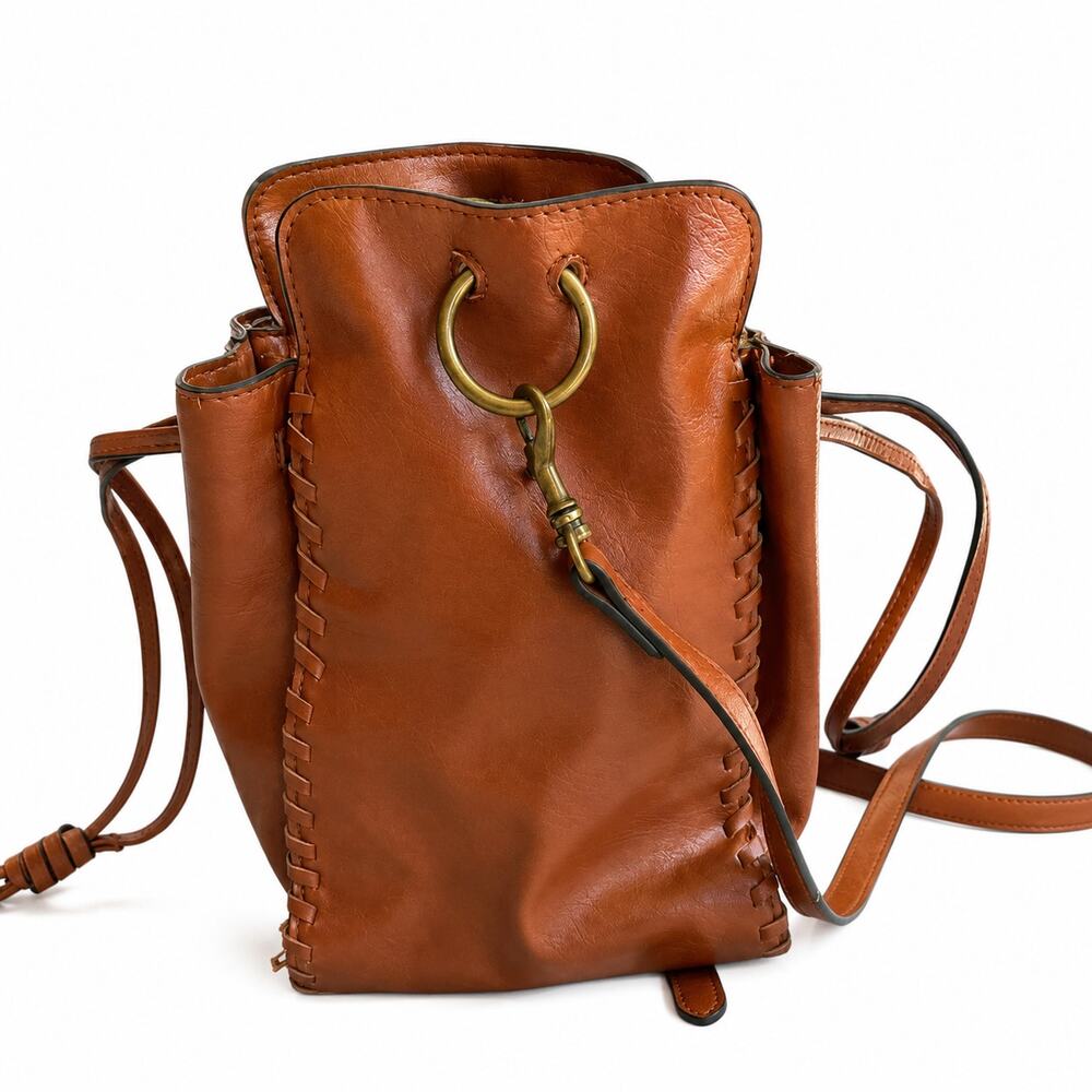 Universal Thread Brown Faux Leather Bucket Bag Crossbody Boho Whipstitch Purse